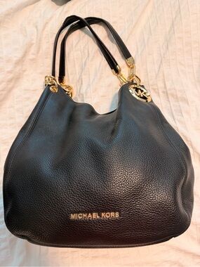 Michael Kors Lillie Black Pebbled Leather Shoulder Bag with Gold Hardware
